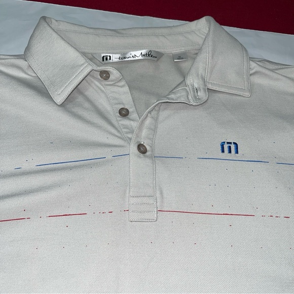 Travis Mathews Light GRAY golf POLO Shirt ALBANY On Sleeve Blue Chest Stripes M - Picture 15 of 15